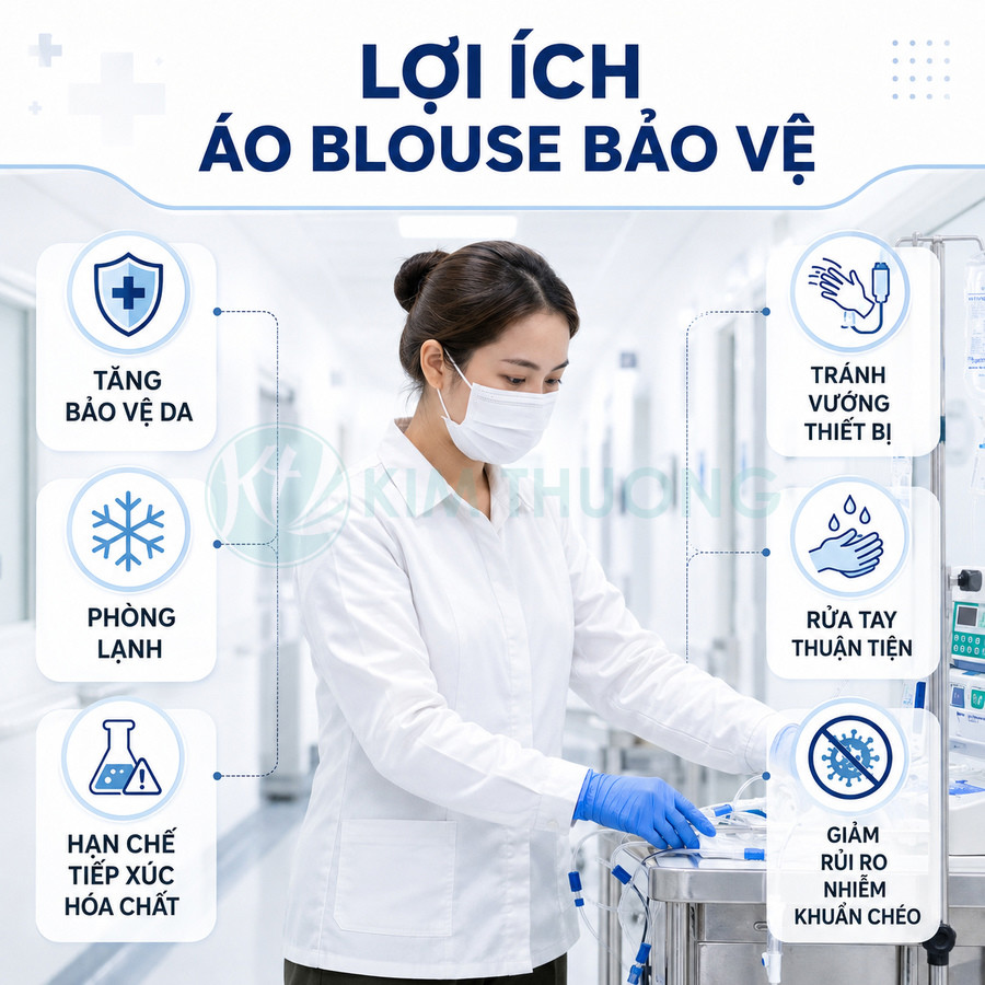 Nhân viên y tế mặc áo blouse bảo vệ trắng, đeo khẩu trang và găng tay làm việc trong phòng khám sạch khuẩn